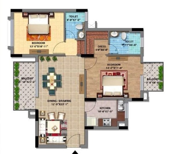 Floor plan of 2 BHK 835 Sq. Ft. Apartment in Viraj Lotus Court, Lucknow