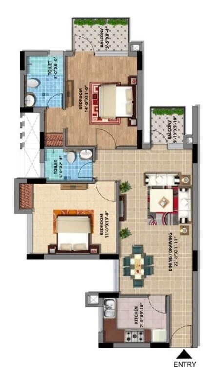 Floor plan of 2 BHK 850 Sq. Ft. Apartment in Viraj Lotus Court, Lucknow