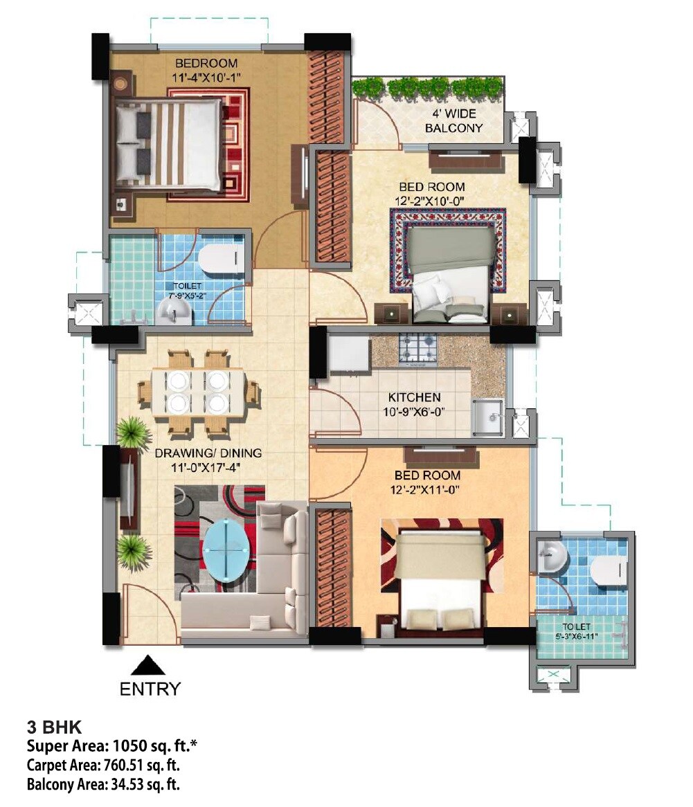 Floor plan of 3 BHK 1050 Sq. Ft. Apartment in Viraj Lotus Court, Lucknow