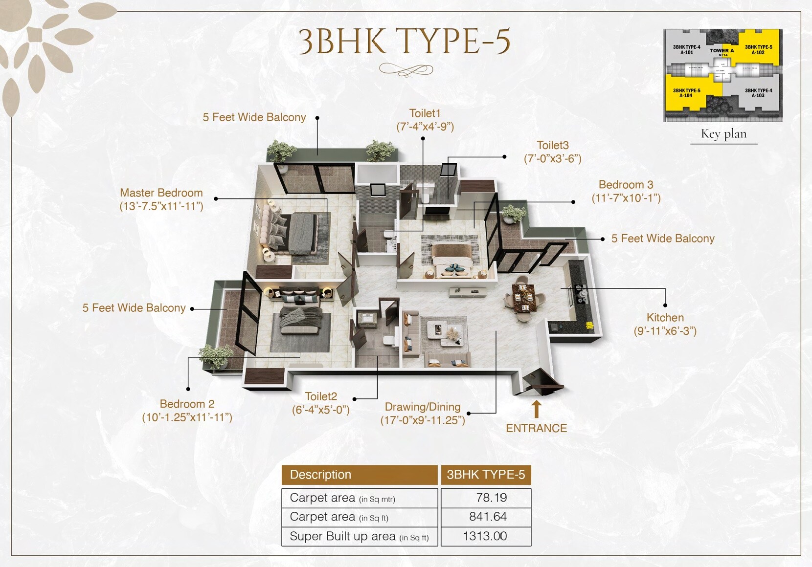 Floor plan of 3 BHK 1313 Sq. Ft. Apartment in YTT Life and Joy, Lucknow