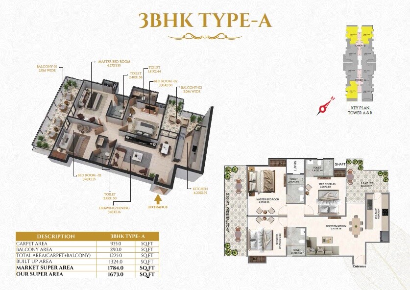 Floor plan of 3 BHK Apartment - 1784 sq. ft. in YTT Timeless, Lucknow