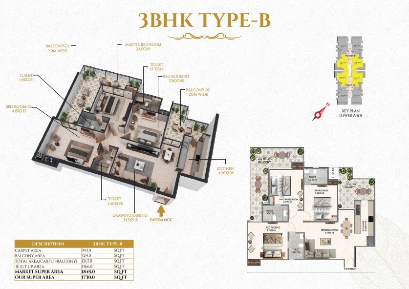 Floor plan of 3 BHK Apartment - 1845 sq. ft. in YTT Timeless, Lucknow