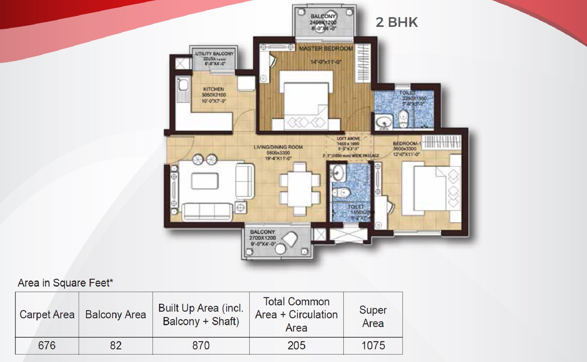 Floor plan of 2 BHK 1075 Sq. Ft. Apartment in Hero Homes Ludhiana, Ludhiana