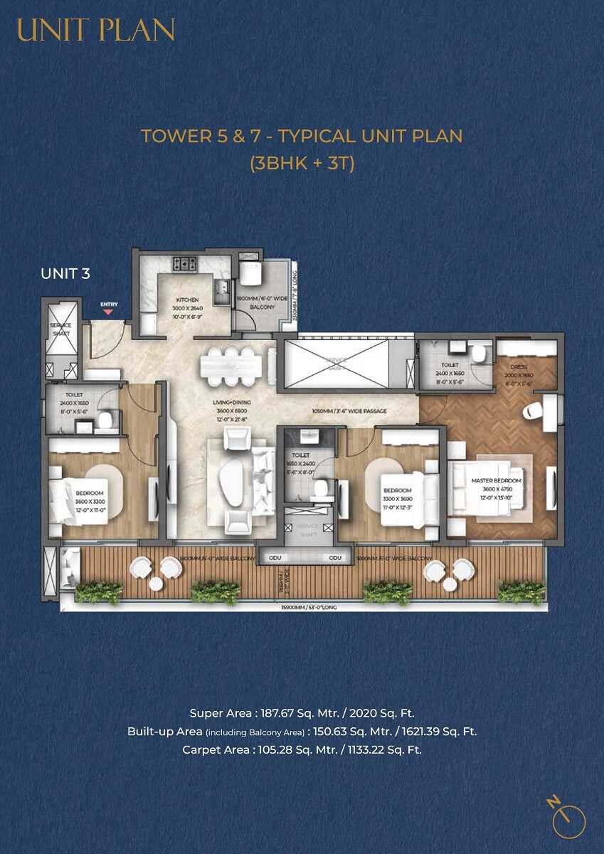 Floor plan of 3 BHK 2020 Sq. Ft. Apartment in Hero Homes Ludhiana, Ludhiana