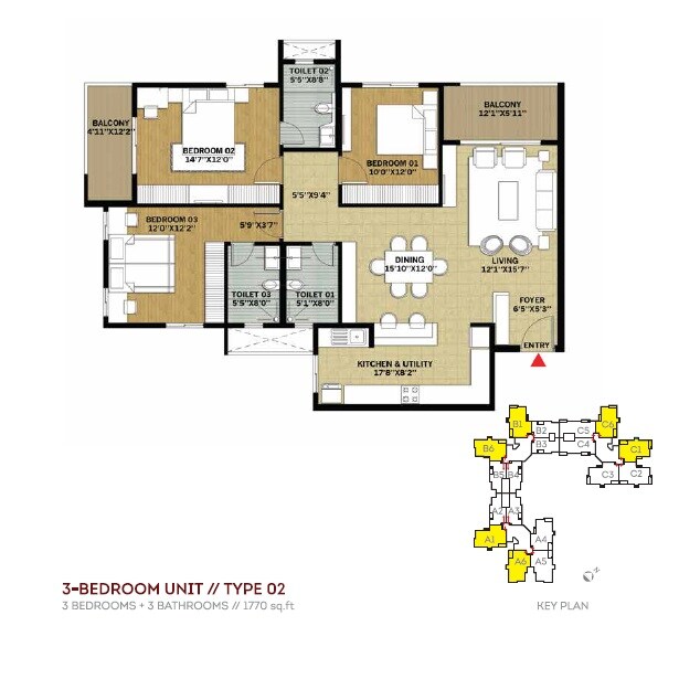 Floor plan of 3 BHK 1770 Sq. Ft. Apartment in Brigade Pinnacle, Mangalore