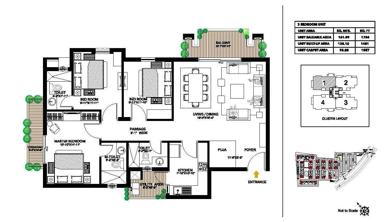 Floor plan of 3 BHK 1734 Sq. Ft. Apartment in Alphacorp Meerut One, Meerut