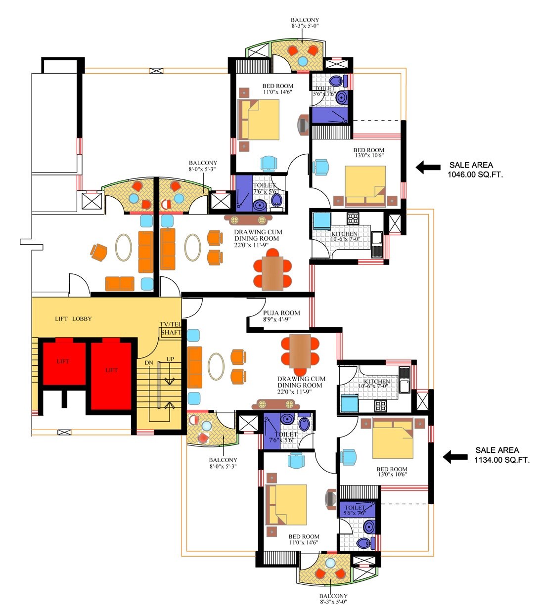 Floor plan of 2 BHK 1134 Sq. Ft. Apartment in Ansal Courtyard, Meerut