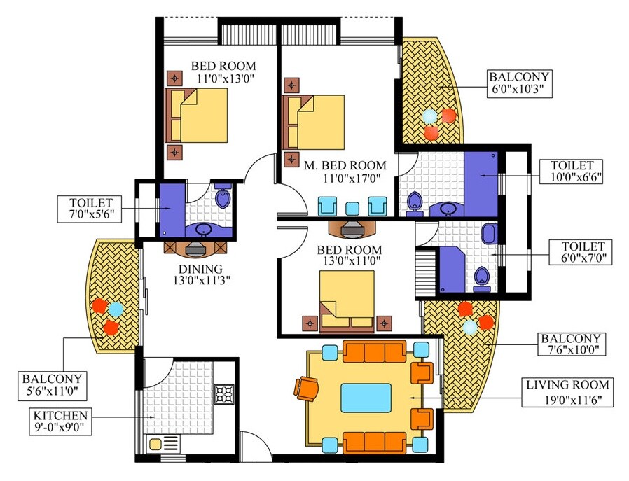 Floor plan of 3 BHK 1670 Sq. Ft. Apartment in Ansal Courtyard, Meerut