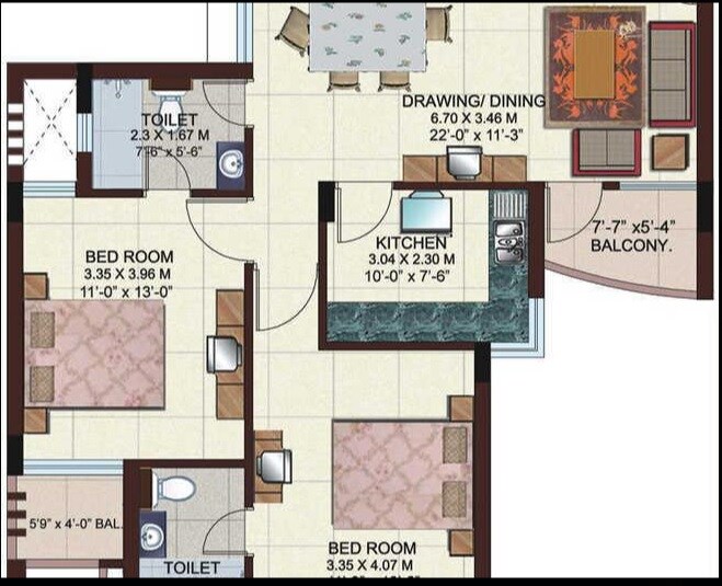 Floor plan of 2 BHK 1002 Sq. Ft. Apartment in Ansal Town, Meerut
