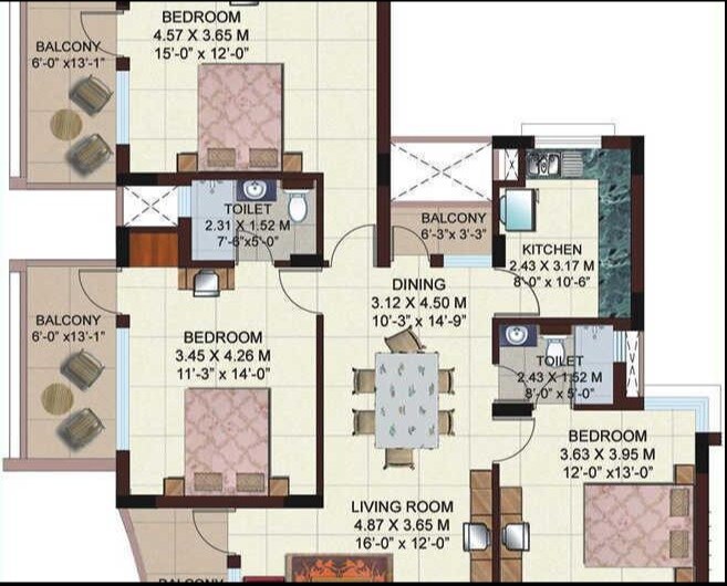 Floor plan of 3 BHK 2269 Sq. Ft. Apartment in Ansal Town, Meerut