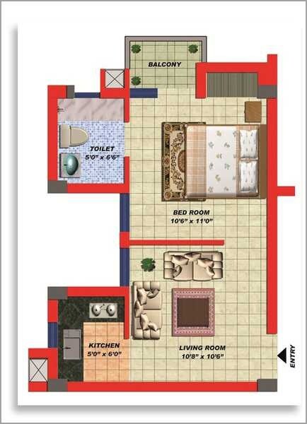 Floor plan of 1 BHK 586 Sq. Ft. Apartment in ARK Residency Meerut, Meerut