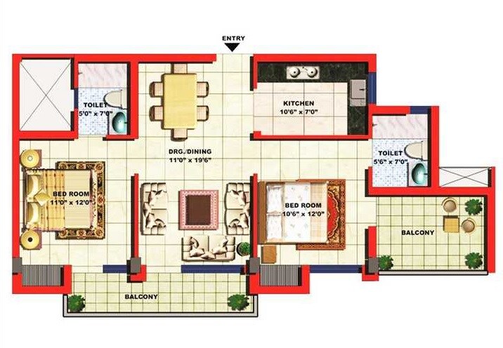 Floor plan of 2 BHK 1124 Sq. Ft. Apartment in ARK Residency Meerut, Meerut