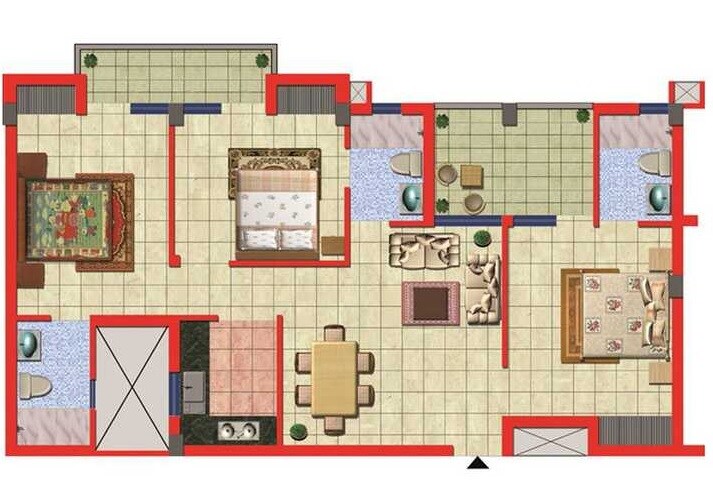 Floor plan of 3 BHK 1500 Sq. Ft. Apartment in ARK Residency Meerut, Meerut