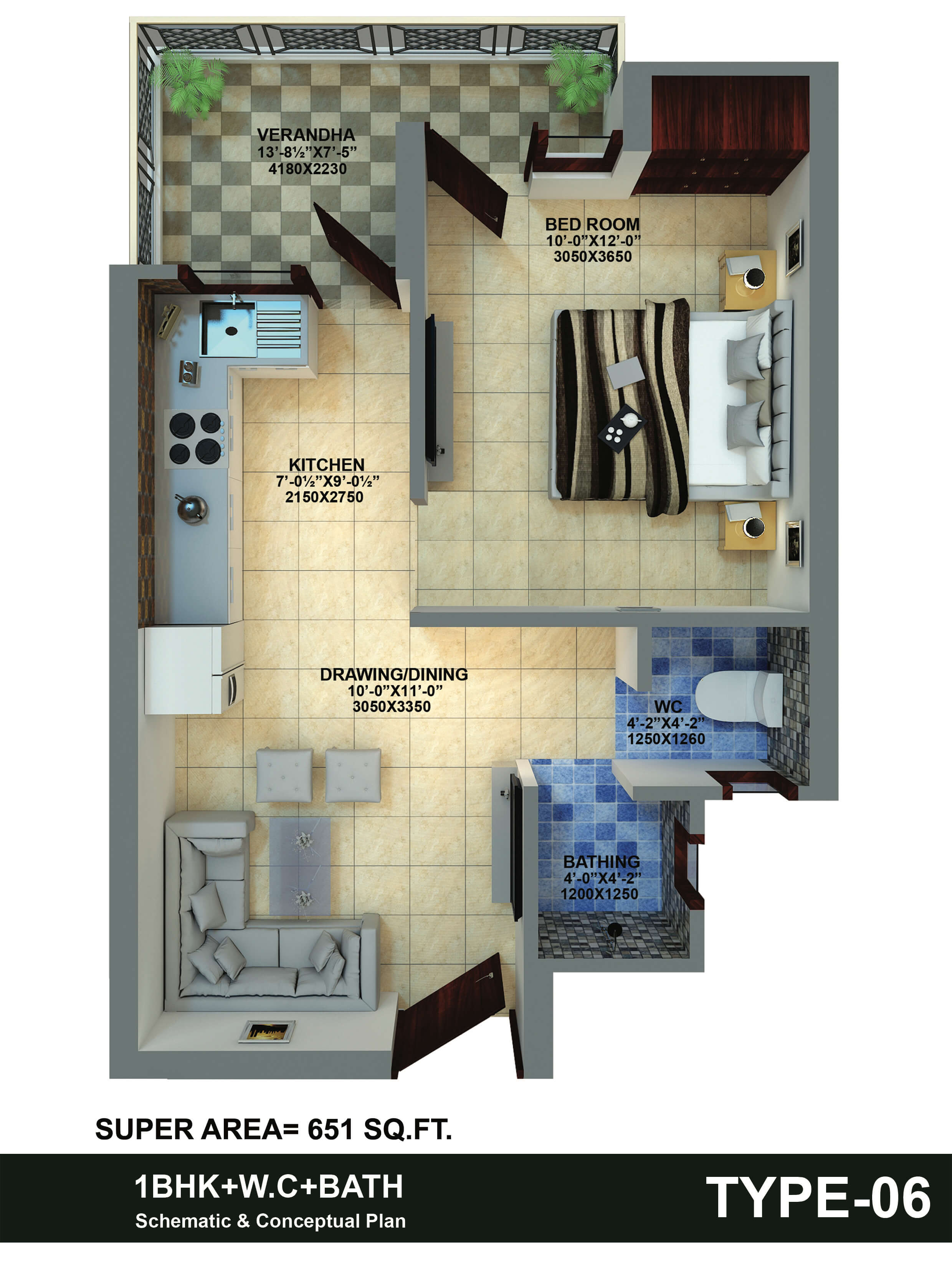 Floor plan of 1 BHK 651 Sq. Ft. Apartment in Insprosper New Saket, Meerut
