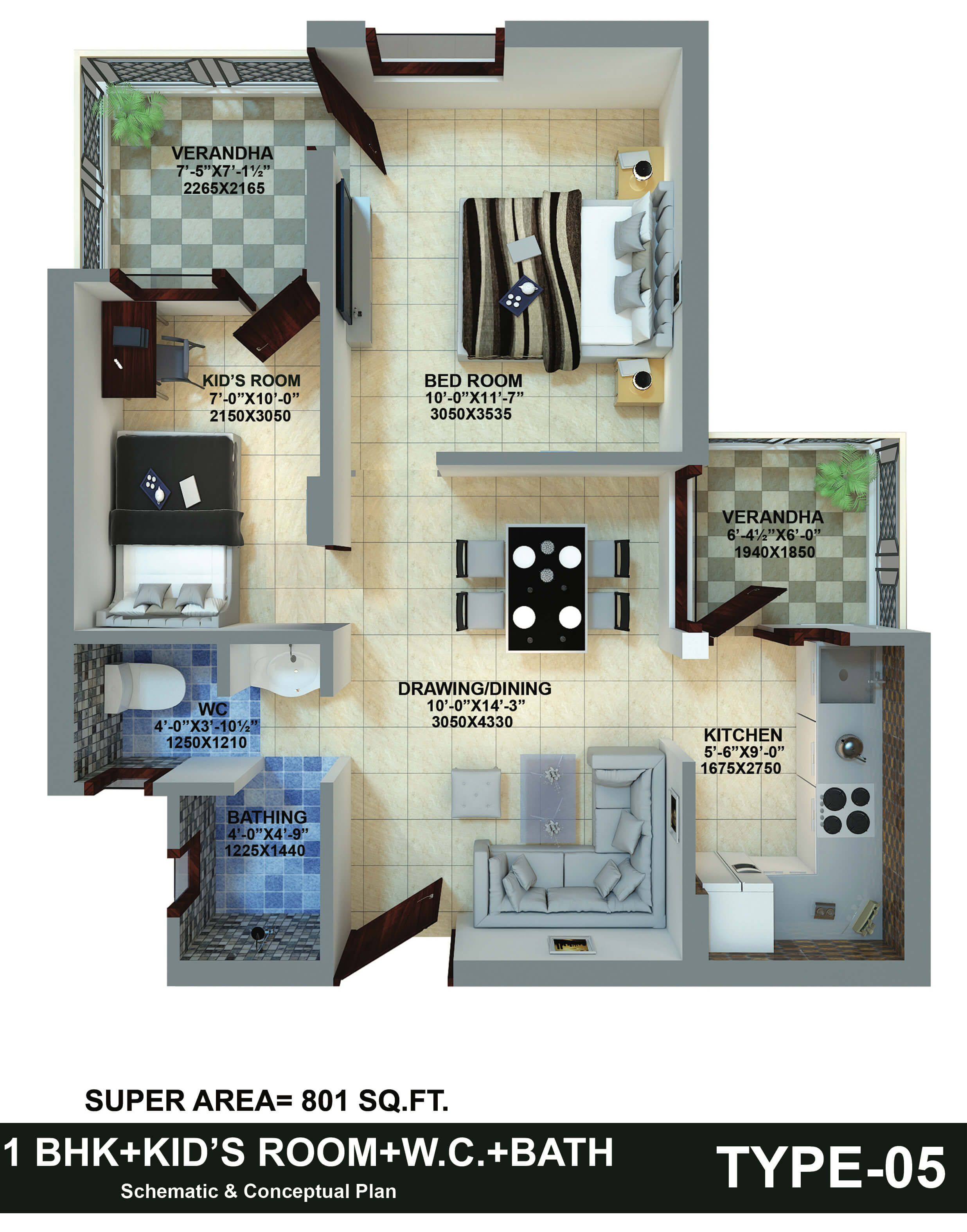 Floor plan of 1 BHK 801 Sq. Ft. Apartment in Insprosper New Saket, Meerut