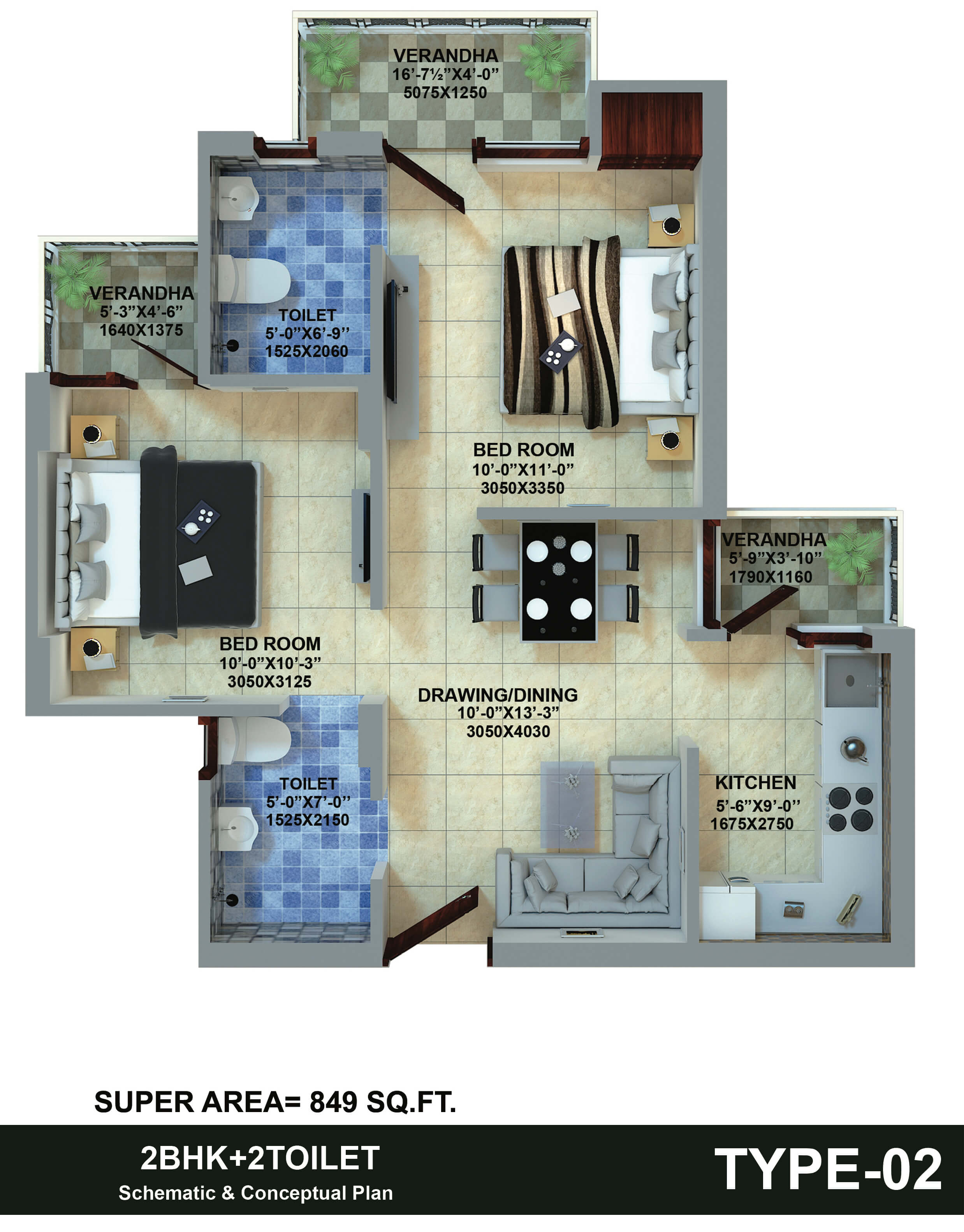 Floor plan of 2 BHK 849 Sq. Ft. Apartment in Insprosper New Saket, Meerut