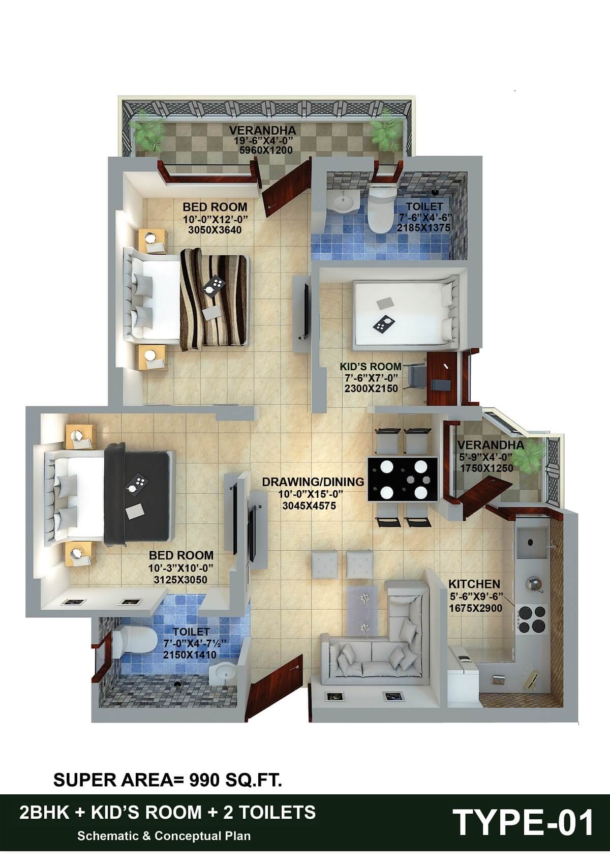 Floor plan of 2 BHK 990 Sq. Ft. Apartment in Insprosper New Saket, Meerut