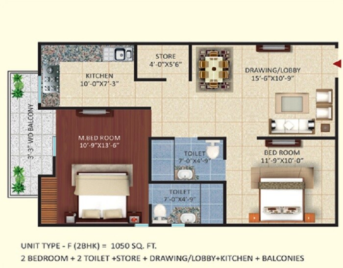 Floor plan of 2 BHK 1050 Sq. Ft. Apartment in Mihir Heights, Meerut