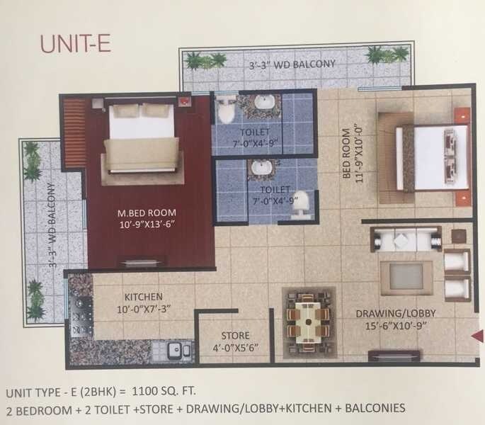 Floor plan of 2 BHK 1100 Sq. Ft. Apartment in Mihir Heights, Meerut