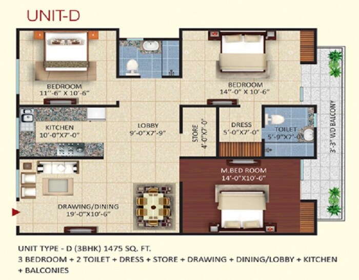 Floor plan of 3 BHK 1475 Sq. Ft. Apartment in Mihir Heights, Meerut