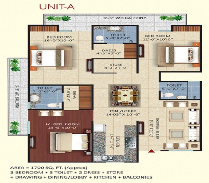 Floor plan of 3 BHK 1700 Sq. Ft. Apartment in Mihir Heights, Meerut