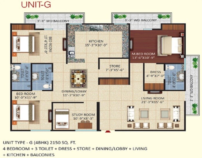 Floor plan of 4 BHK 2150 Sq. Ft. Apartment in Mihir Heights, Meerut