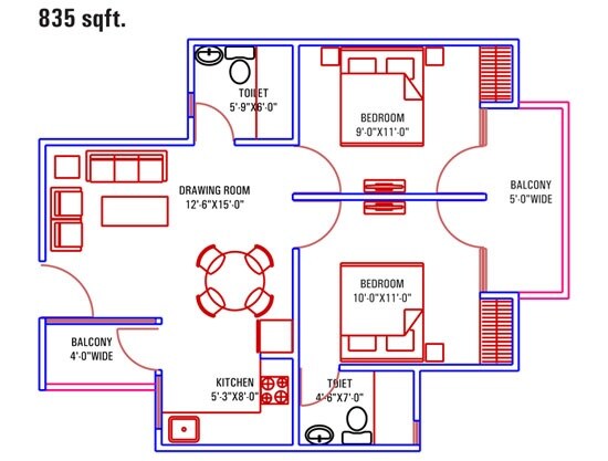 Floor plan of 2 BHK 835 Sq. Ft. Apartment in Supertech Palm Greens, Meerut