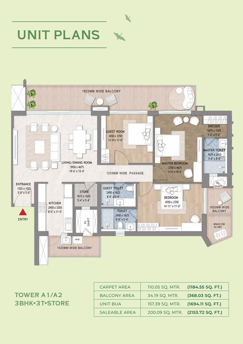 Floor plan of 3 BHK 2154 Sq. Ft. Apartment in Hero Homes Leafsong Retreat, Mohali
