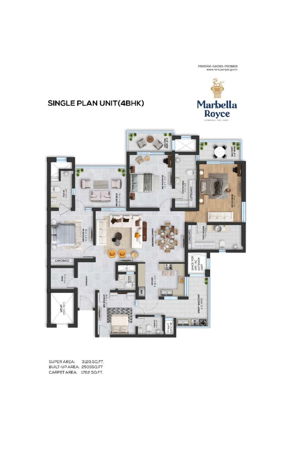 Floor plan of 4 BHK 3120 Sq. Ft. Apartment in Marbella Royce, Mohali