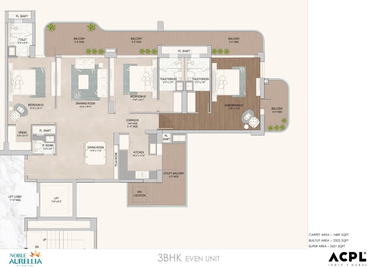Floor plan of 3 BHK 2651 Sq. Ft. Apartment in Noble Magnollia, Mohali