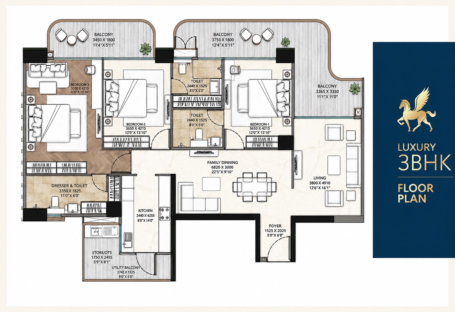 Floor plan of 3 BHK 2100 Sq. Ft. Apartment in STJ The Pinnacle, Mohali