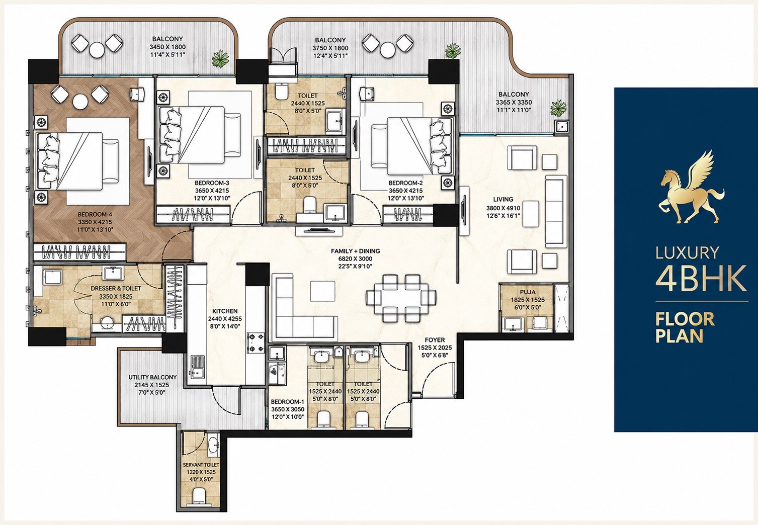 Floor plan of 4 BHK 2450 Sq. Ft. Apartment in STJ The Pinnacle, Mohali