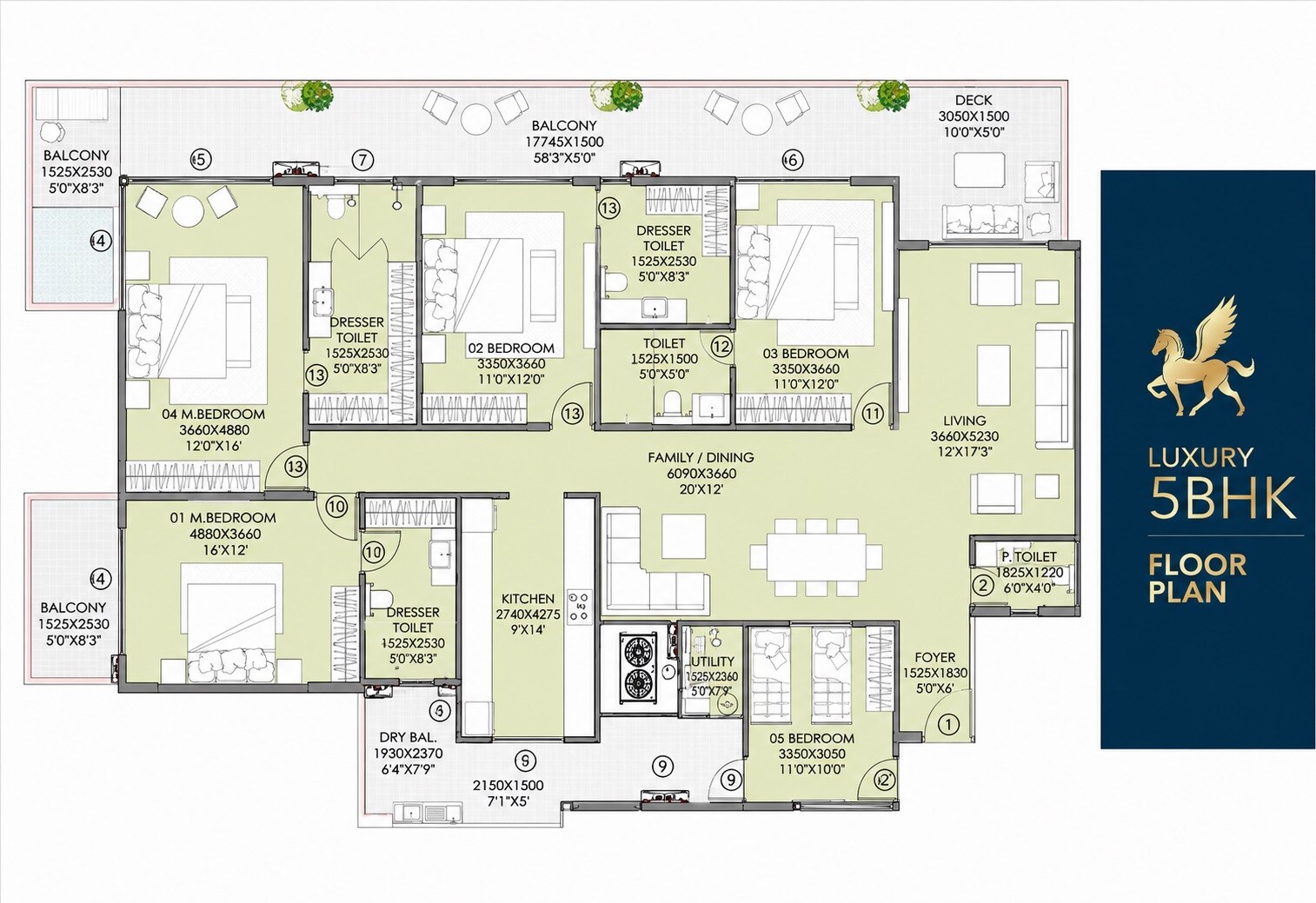 Floor plan of 5 BHK 3300 Sq. Ft. Apartment in STJ The Pinnacle, Mohali