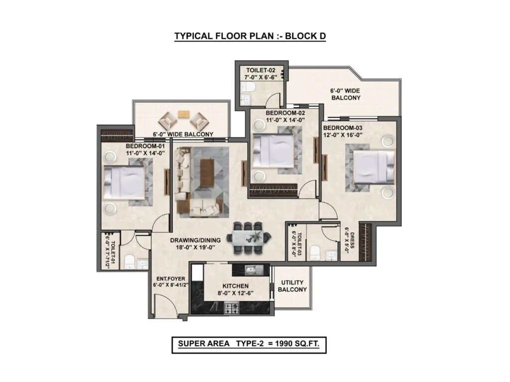 3 BHK 1990 Sq. Ft. Apartment