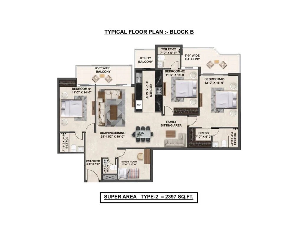 Floor plan of 3 BHK 2397 Sq. Ft. Apartment in AG The Medallion Nova, Mohali