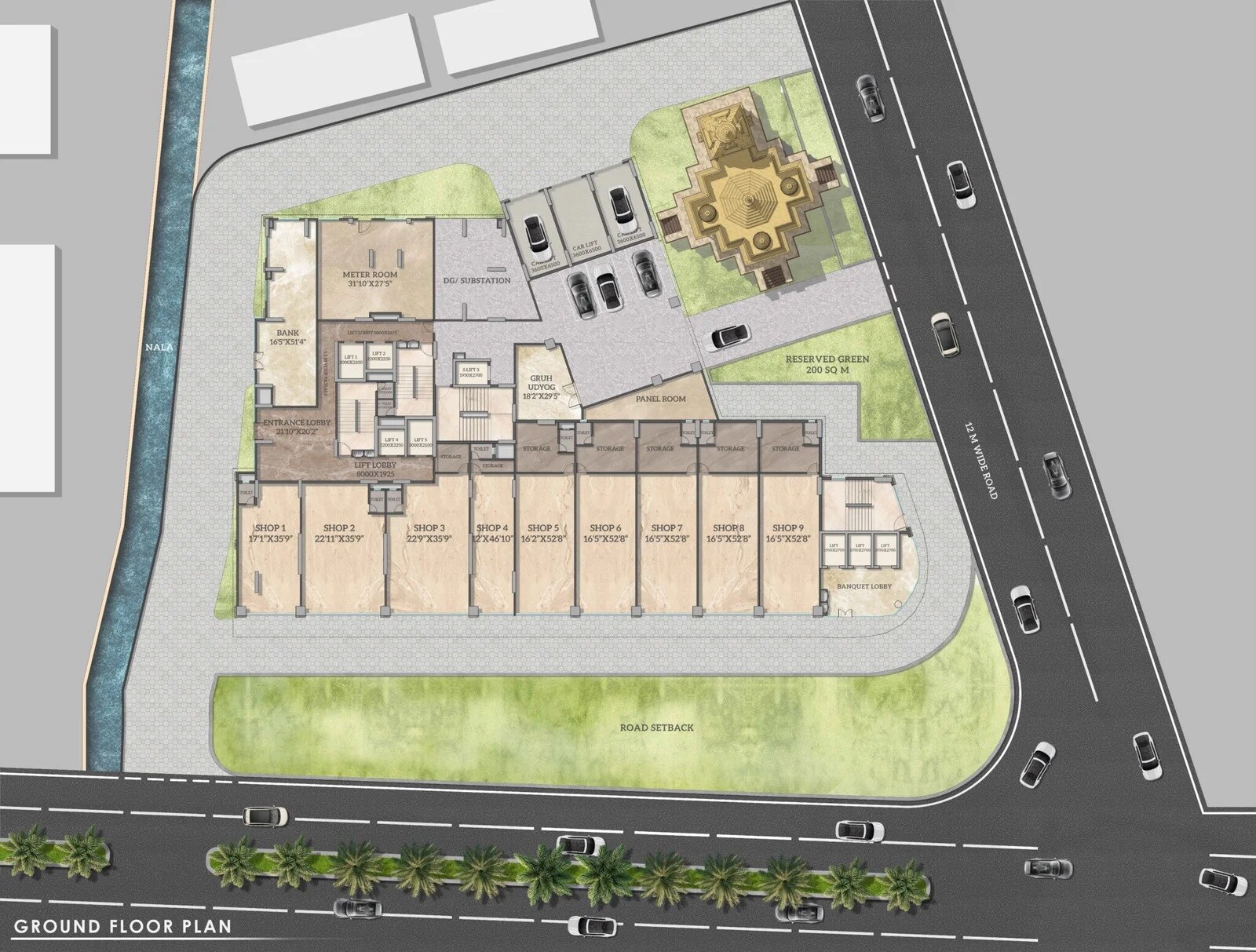 Anant-Siddhi_an aerial view of a building with a plane flying over it
