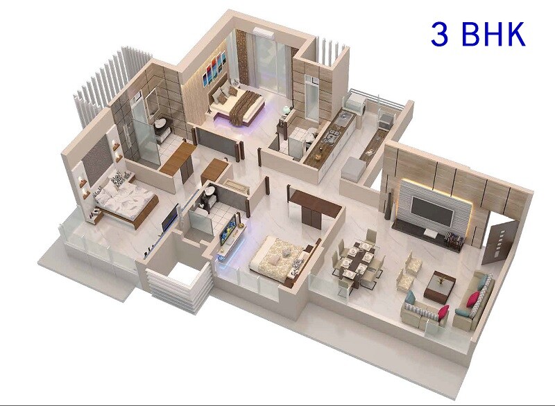 Floor plan of 3 BHK 1100 Sq. Ft. Apartment in 111 Hyde Park, Mumbai