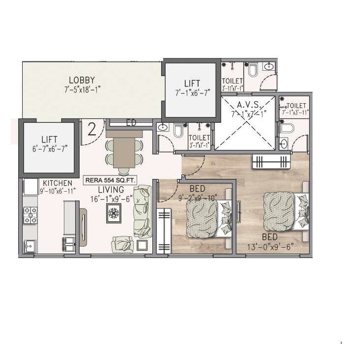 2 BHK 554 Sq. Ft. Apartment