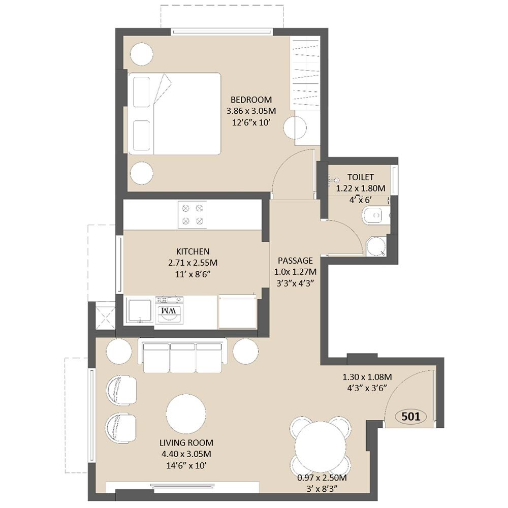 Floor plan of 1 BHK 440 Sq. Ft. Apartment in 153 Skye, Mumbai