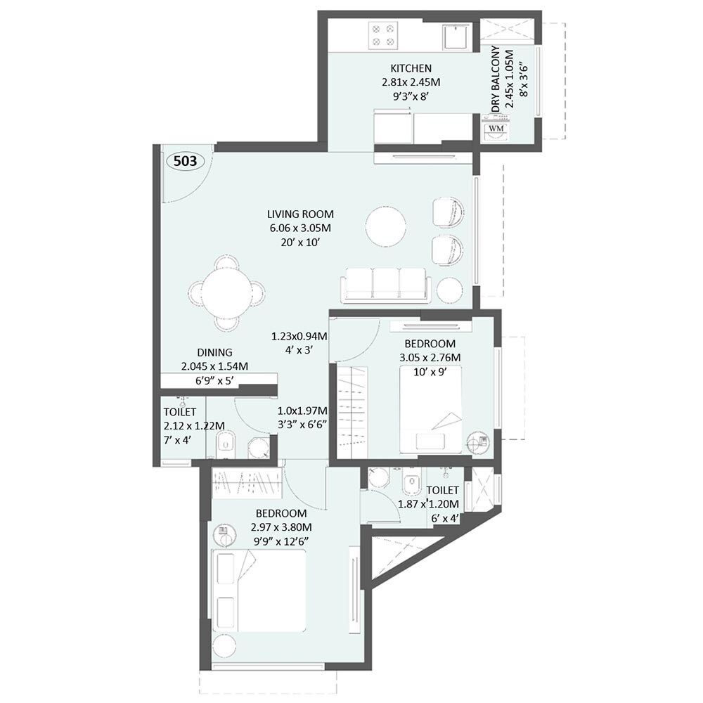 Floor plan of 2 BHK 625 Sq. Ft. Apartment in 153 Skye, Mumbai