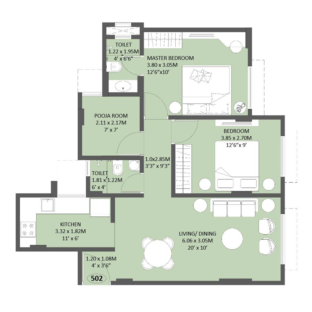 Floor plan of 2 BHK 680 Sq. Ft. Apartment in 153 Skye, Mumbai