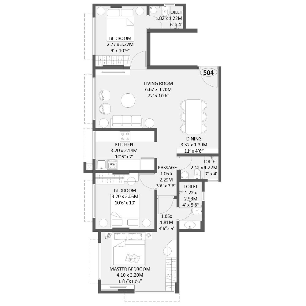 Floor plan of 3 BHK 900 Sq. Ft. Apartment in 153 Skye, Mumbai