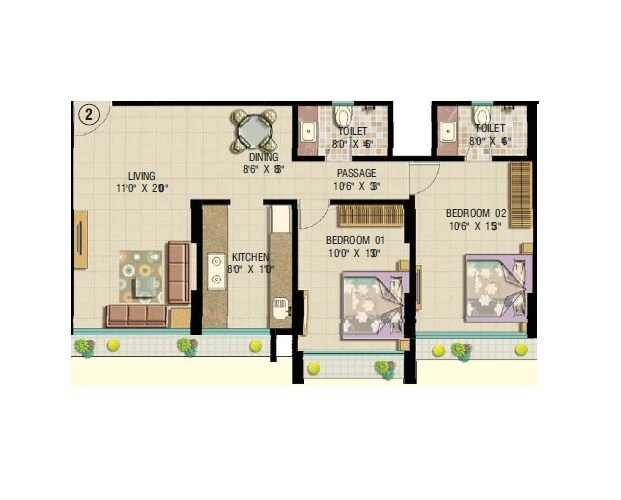 Floor plan of 2 BHK 813 Sq. Ft. Apartment in 16 Mount Blanc, Mumbai