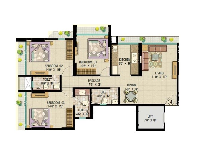 Floor plan of 3 BHK 1063 Sq. Ft. Apartment in 16 Mount Blanc, Mumbai