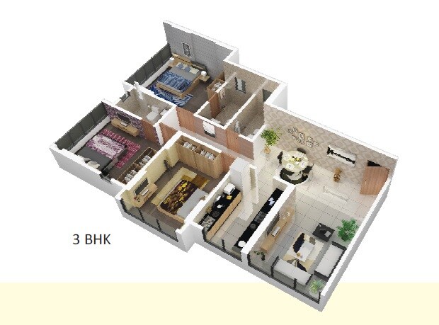 Floor plan of 3 BHK 962 Sq. Ft. Apartment in 16 Mount Blanc, Mumbai