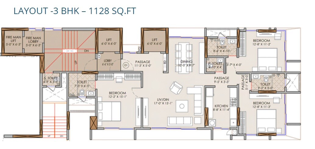 Floor plan of 3 BHK 1128 Sq. Ft. Apartment in 17 West By Verticl, Mumbai