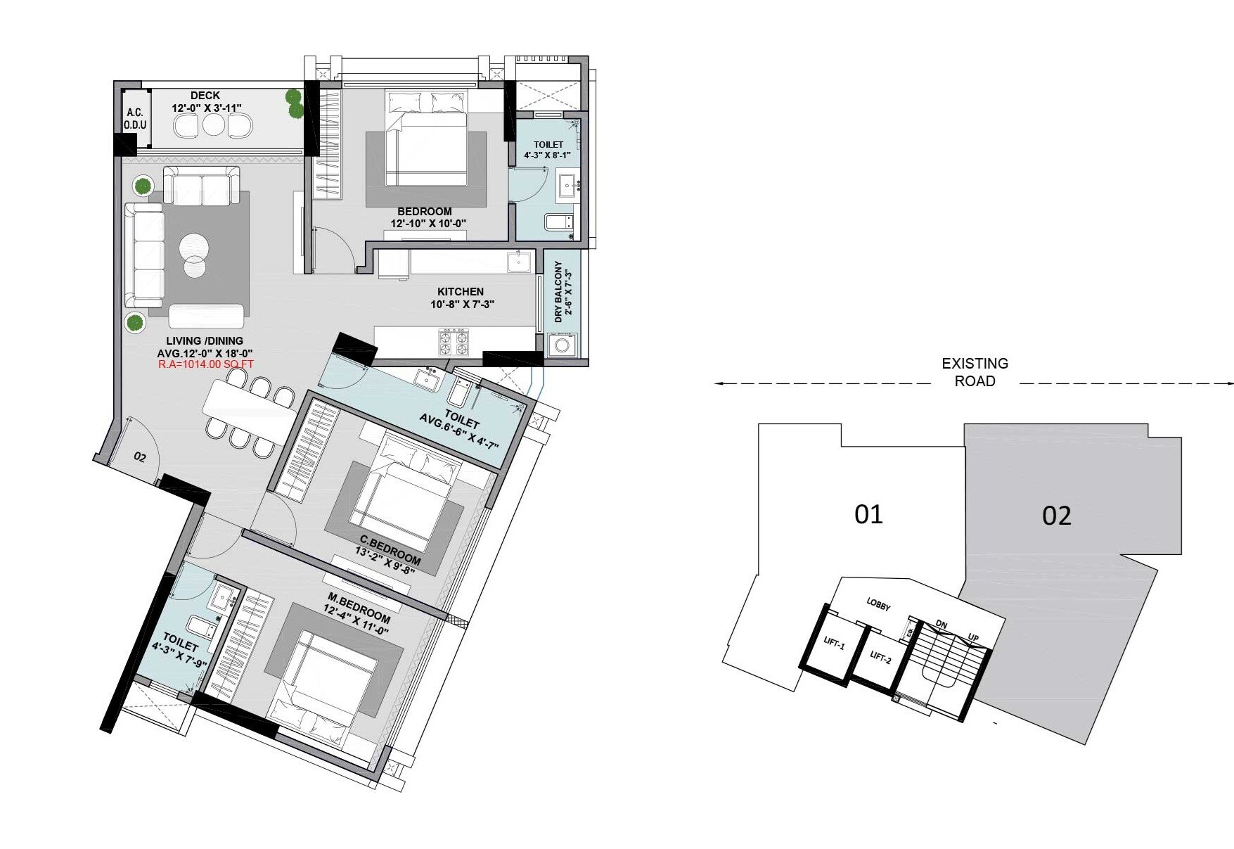 Floor plan of 3 BHK 1014 Sq. Ft. Apartment in 22 Alliance House, Mumbai