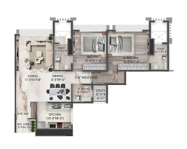Floor plan of 2 BHK 933 Sq. Ft. Apartment in 232 Dhuleva, Mumbai