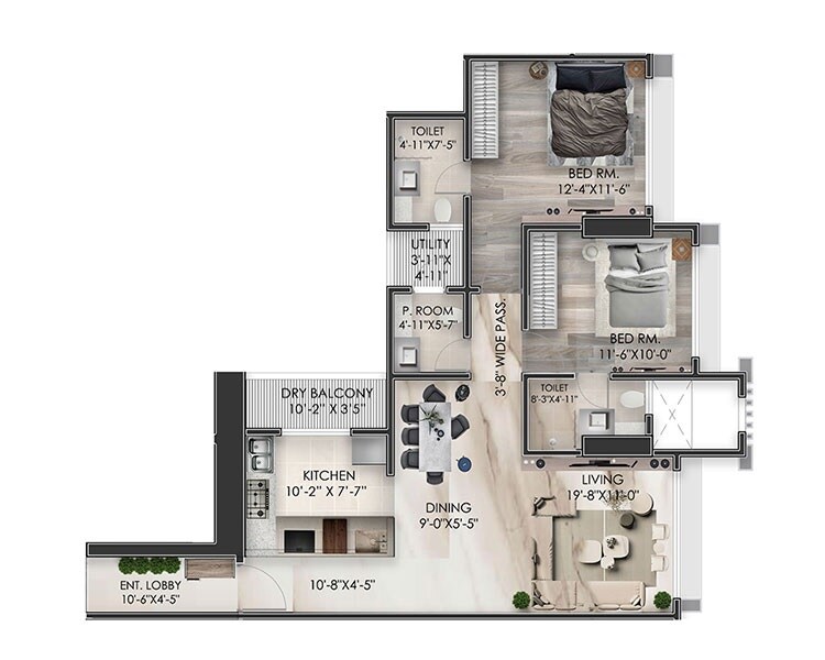 Floor plan of 2 BHK 832 Sq. Ft. Apartment in 232 Dhuleva, Mumbai