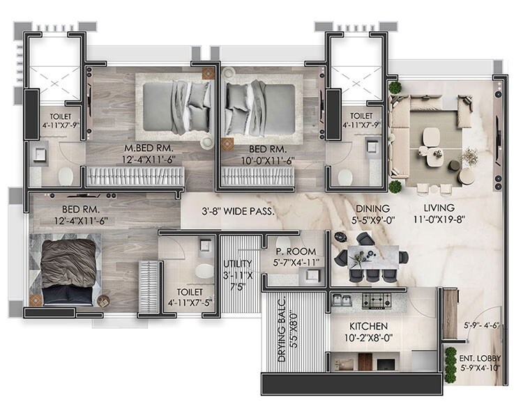 Floor plan of 3 BHK 1040 Sq. Ft. Apartment in 232 Dhuleva, Mumbai